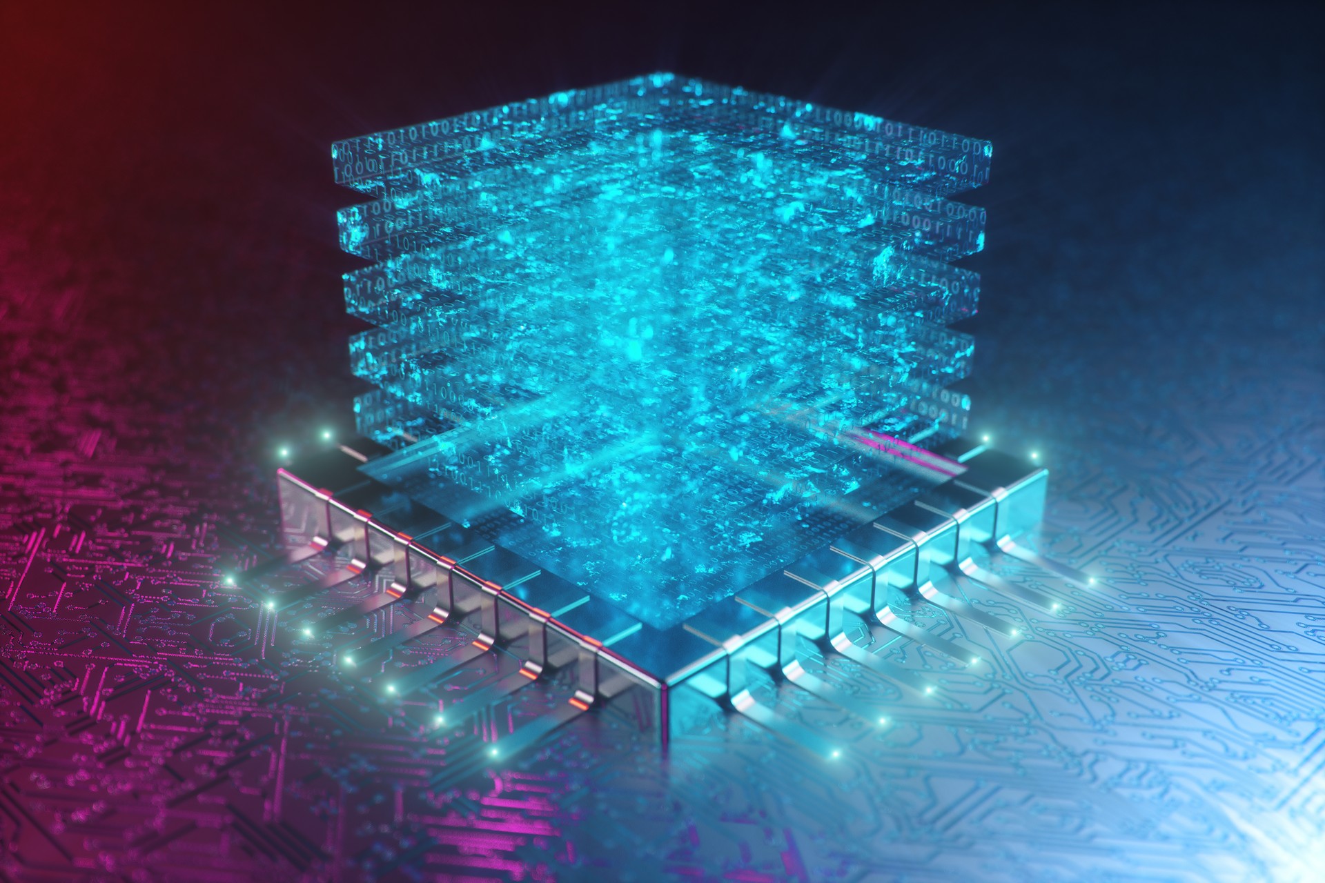 AI - artificial intelligence concept. Hologram above CPU. Machine learning. Central Computer Processors on the circuit board with luminous tracks. Encoded data. Computer chip over circuit background. 3D illustration